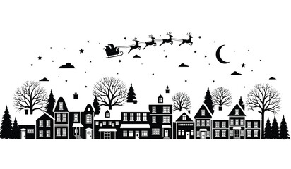 a silhouetted winter cityscape is depicted with a crescent moon and santa claus flying with reindeer above high quality professional detailed © Thysl2000