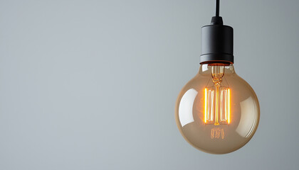 Glowing light bulb hangs from black wire on white background. Illuminated lamp emits warm yellow light