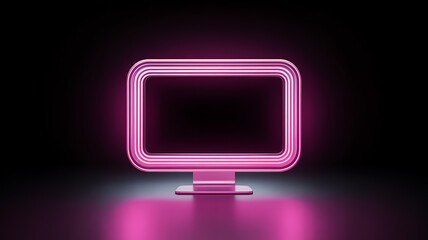 A vibrant pink neon glow emanates from a modern computer monitor sitting isolated on a dark reflective surface