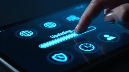 Close up of a finger initiating an update process on a glowing blue digital interface. - Powered by Adobe