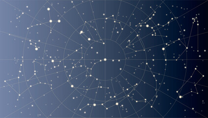 Northern hemisphere. High detailed star map of vector constellations. Astrological celestial map with symbols and signs of zodiac. Sky map vector illustration. Star constellations around the poles.