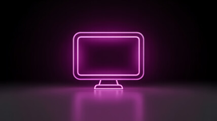 A glowing neon pink computer monitor stands prominently on a dark reflective surface emitting a vibrant and futuristic aesthetic