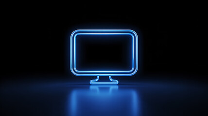 A striking neon blue outline of a classic computer monitor illuminates a dark background reflecting off the surface below