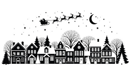 a whimsical black and white illustration depicts a snowy village scene with a crescent moon and santa claus flying overhead with reindeer © Thysl2000