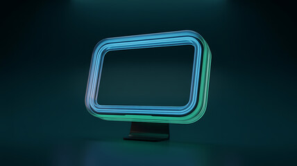 A vibrant abstract rendering of a glowing neon frame resembling a vintage television screen in a dark setting