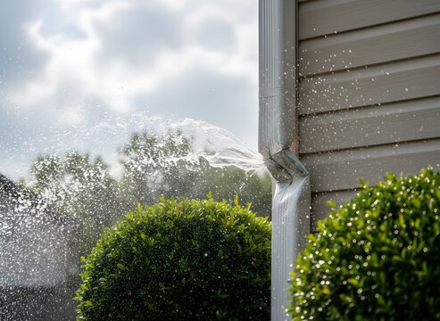 Overflowing Downspout with Water Spray Symbolizing Poor Drainage and Water Management Issues, Home Maintenance, Plumbing Problems