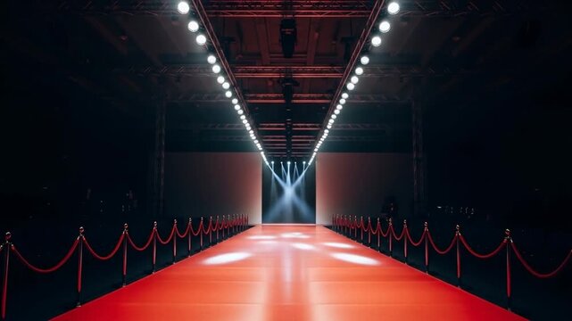 Fashion runway stage with red carpet and spotlight, empty stage for fashion show, modern elegant