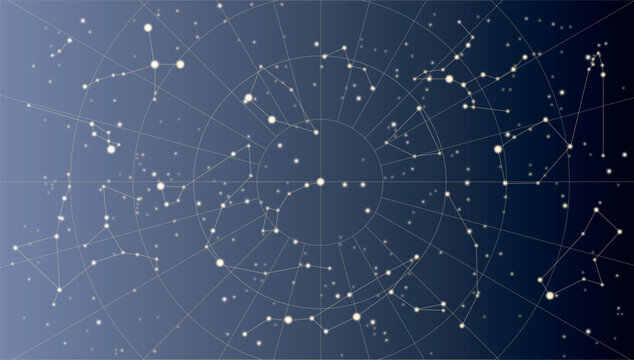 Northern hemisphere. High detailed star map of vector constellations. Astrological celestial map with symbols and signs of zodiac. Sky map vector illustration. Star constellations around the poles.