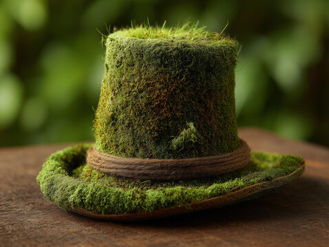 
Top hat made of moss in a realistic style green and brown colors representing nature and fantasy
This image features a unique top hat completely covered in thick, vibrant green moss