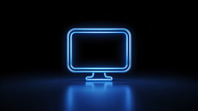 A striking neon blue outline of a classic computer monitor illuminates a dark background reflecting off the surface below