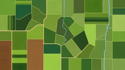 Aerial view of various farmlands and fields, showcasing diverse crops and agricultural patterns. The view encompasses rectangular fields and plots of different shades of green, brown.