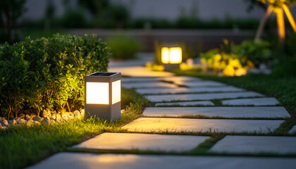 Illustration of solar powered lights illuminating a garden path at night. Modern eco-friendly lighting provides safe pathway