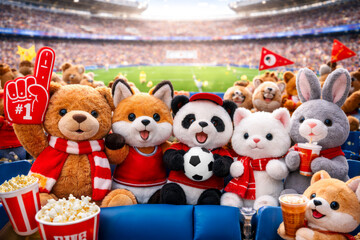 Fototapeta premium Plush bear, fox, panda, cat and bunny cheer in a packed soccer stadium, waving scarves, holding snacks and celebrating an exciting match with joyful energy and vibrant fan spirit.
