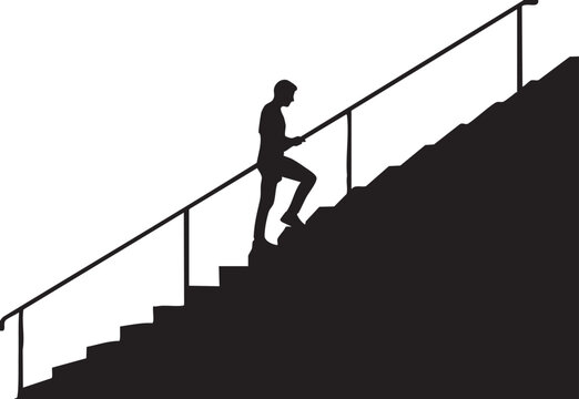 Silhouette of a person climbing stairs with a handrail in a minimalist black and white