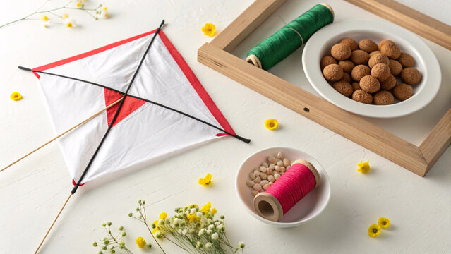 Makar Sankranti Kite Festival Flat Lay with Thread Spools and Sweets | Indian Harvest Celebration Background