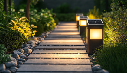 Illustration of solar powered lights illuminating a garden path at night. Modern eco-friendly lighting provides safe pathway