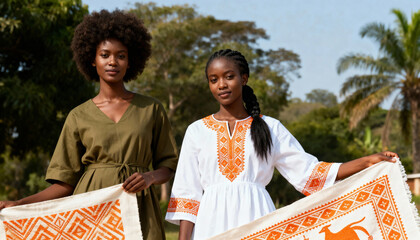 Portrait of two young African women holding a traditional embroidered textile. Artisans showcasing handmade craft and cultural heritage outdoors.