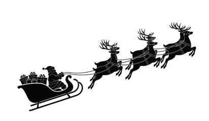 a silhouetted depiction of santa claus riding in a sleigh pulled by a team of reindeer across the night sky