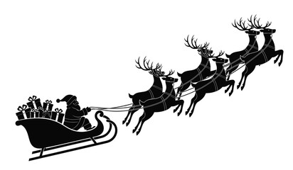 A silhouette depiction of santa claus driving his sleigh pulled by eight reindeer across a winter sky showcasing festive cheer © Thysl2000