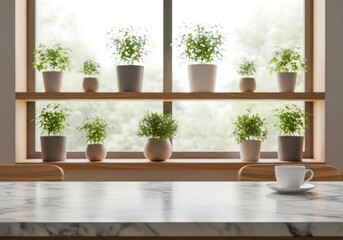 Bright Indoor Window Shelf With Potted Green Plants And Coffee Cup