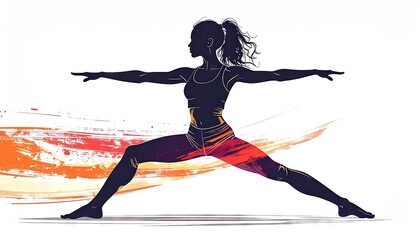 Simplistic illustration of a woman yogi practicing yoga. She is in warrior pose