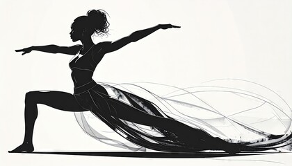 Simplistic illustration of a woman yogi practicing yoga. She is in warrior pose