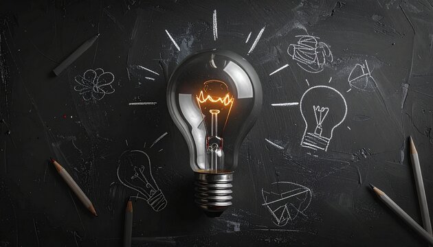 Glowing light bulb on dark surface with chalk sketches of ideas—creative concept art symbolizing innovation, brainstorming, and design inspiration. - Powered by Adobe