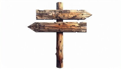 A rustic wooden signpost with two directional arrows pointing left and right, set against a plain white background, symbolizing choices, paths, and decision-making.