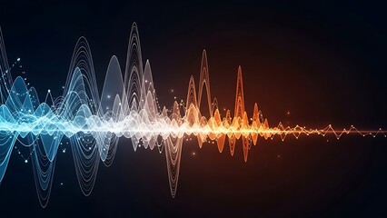 A vibrant sound wave graphic with blue, white, and orange colors on a dark background