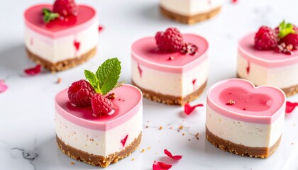 Mini Valentine cheesecakes, heart mold, white marble surface, soft daylight