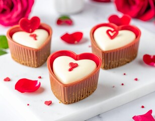Mini Valentine cheesecakes, heart mold, white marble surface, soft daylight
