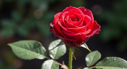 Vibrant red rose glistening with morning dew in a lush garden setting