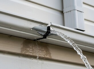 Damaged Gutter with Water Leak Symbolizing Maintenance Issues, Home Repair Needs, and Property Maintenance, Plumbing Problems, and Home Improvement