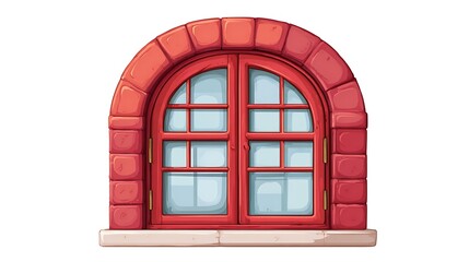 Obraz premium Animated window with red frame, arch, and glass panes on a white background