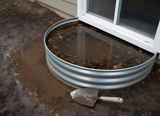 Basement Window Well Filled with Dirty Water and Leaves Symbolizing Home Drainage Problems, Property Maintenance, Water Damage, Residential Issues