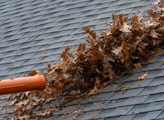 Autumn Leaves and Debris Being Blown Off a Dark Shingle Roof by an Orange Pipe, Symbolizing Home Maintenance and Seasonal Cleaning Challenges