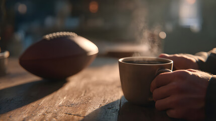 Coffee drinker enjoys warm cup while sitting at table next to football in cozy setting. Super Bowl