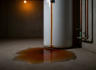 Leaking Water Heater with Rust Stains Symbolizing Maintenance Issues in Plumbing Systems, Home Repair, and Utility Management