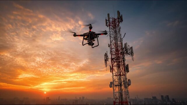A drone hovers in the air next to a tall cell tower during a vibrant orange and blue sunset