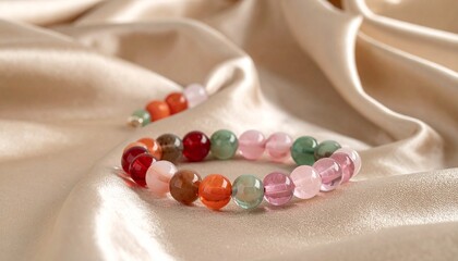 Colorful beaded bracelet with glass and semi-precious round beads—pink, green, red, orange—on beige satin fabric.