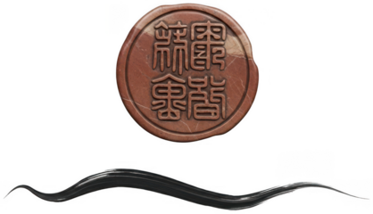 Ancient clay wax seal with chinese characters above elegant thin black ink wave