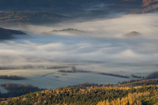 Aerial view of morning mist creeping through the valleys and hills, with golden light touching the trees, Stredna Hola, Banskobystricky kraj, Slovakia.