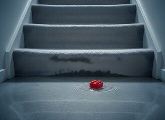 Flooded Stairs with Red Toy Brick Symbolizing Water Damage and Insurance, Restoration, Plumbing, Property Insurance
