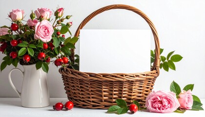 Wicker Basket with Blank Card and Rose Hips on Wooden Surface Evoking Natural Simplicity and Seasonal Charm
