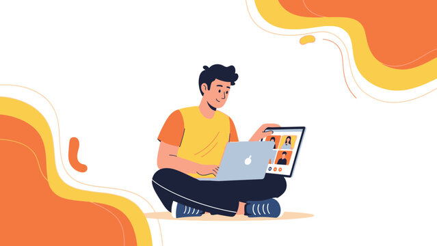 Man using laptop for video call, flat design, online communication, remote work