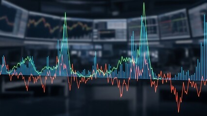 A stock market graph showing fluctuating trends in a modern trading environment with multiple screens.