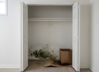 Closet with Mold and Water Damage Symbolizing Dampness Issues and Health Risks, Home Inspection, Restoration, Real Estate