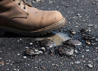 Dirty Work Boot Stepping in Oil Spill on Asphalt Surface Representing Industrial Work Environments and Workplace Hazards, Maintenance, Safety