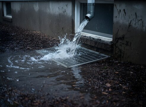 Downspout with Heavy Water Splashing on Drain Symbolizing Stormwater Management, Flood Prevention, Drainage, Building Safety