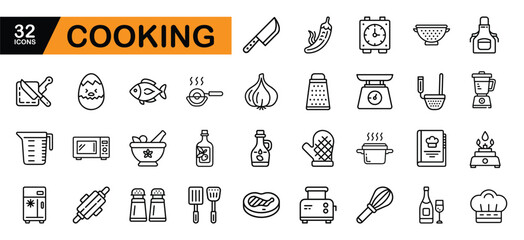 Cooking Icons Set with Kitchen Utensils and Food Items